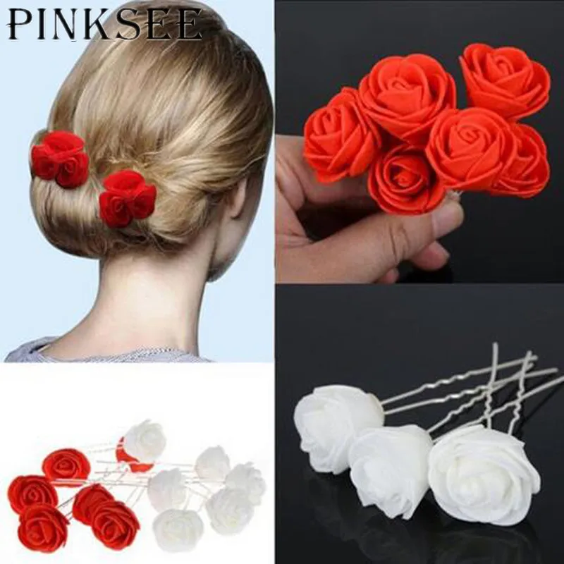 

PINKSEE 6Pcs Women Beauty Small Red Rose Flower Hairpins Wedding Bridal Bridesmaids Hair Jewelry Accessories White Red Wholesale