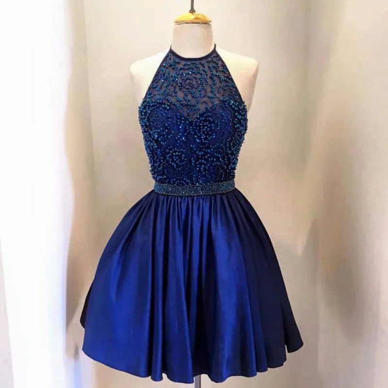 

Blue Halter Homecoming Dresses Backless Beads Stain 8th Grade Prom Dresses Short Semi Formal Gowns Cheap