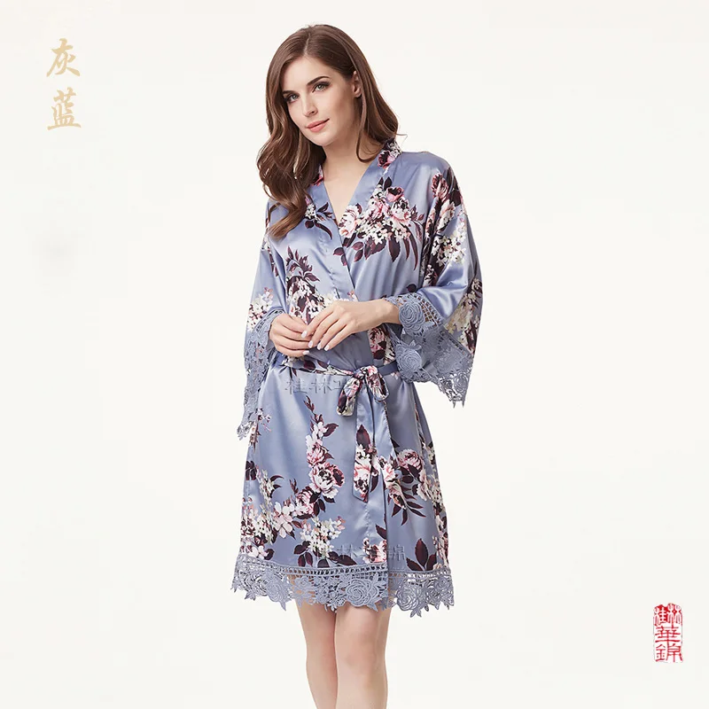 Горячая распродажа атласная пижама для невесты халаты высокого качества атласный простой банный халат с кружевной отделкой женский атласный шелковый халат A235A - Цвет: dusky blue