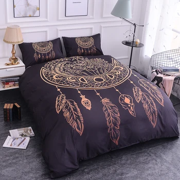 

ZEIMON Dream catcher Bedding Set King Feathers Duvet Cover Pillowcase Bohemian Feathers Bedclothes 2/3pcs Black Home Textiles
