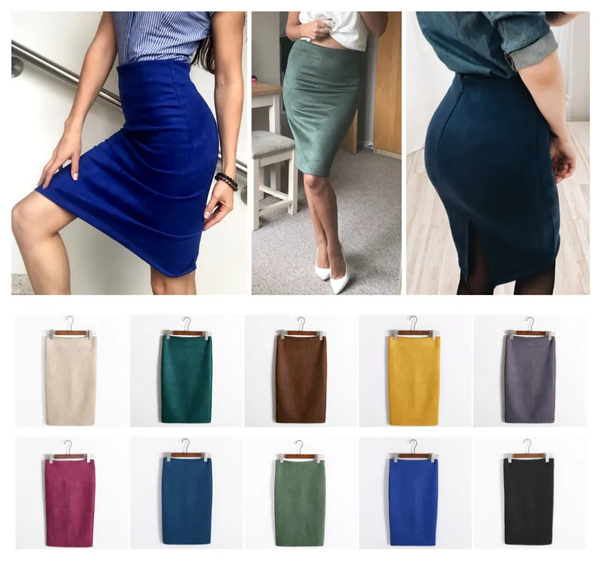 Разноцветная Женская юбка, зимняя однотонная замшевая рабочая одежда, облегающая юбка-карандаш средней длины, осенне-зимняя облегающая женская юбка SP012