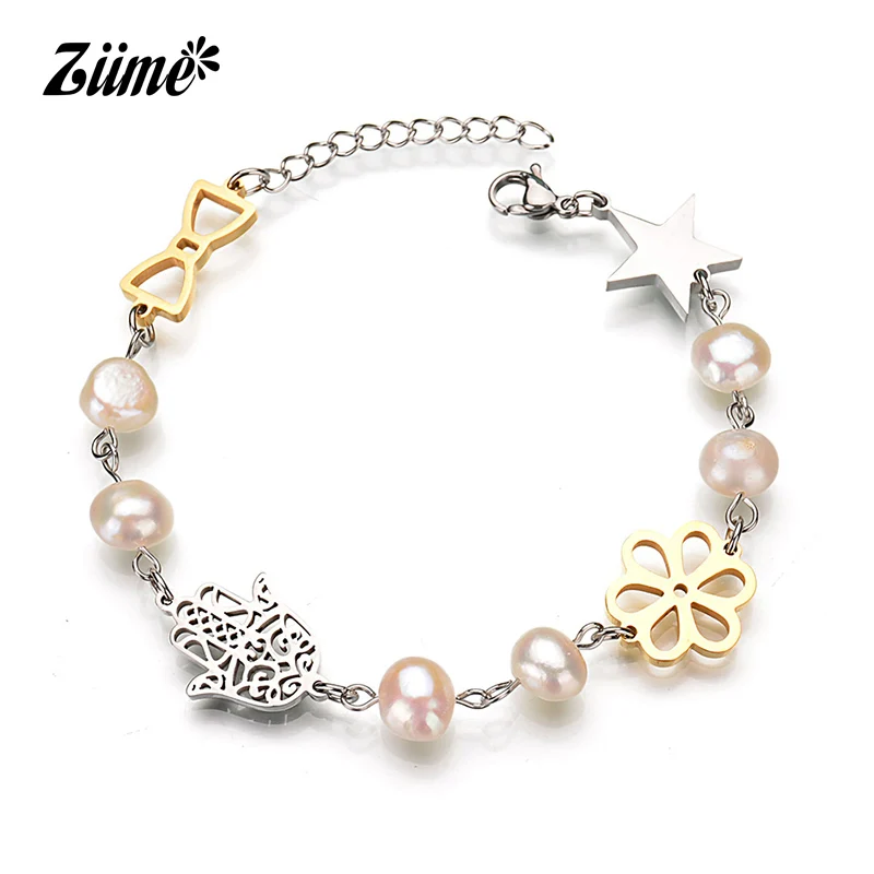 

Ziime 2018 New Charm Hand of Fatima Star Freshwater Pearls Bracelet Stainless Steel Jewelry Women Bangle Bracelets for Lovers