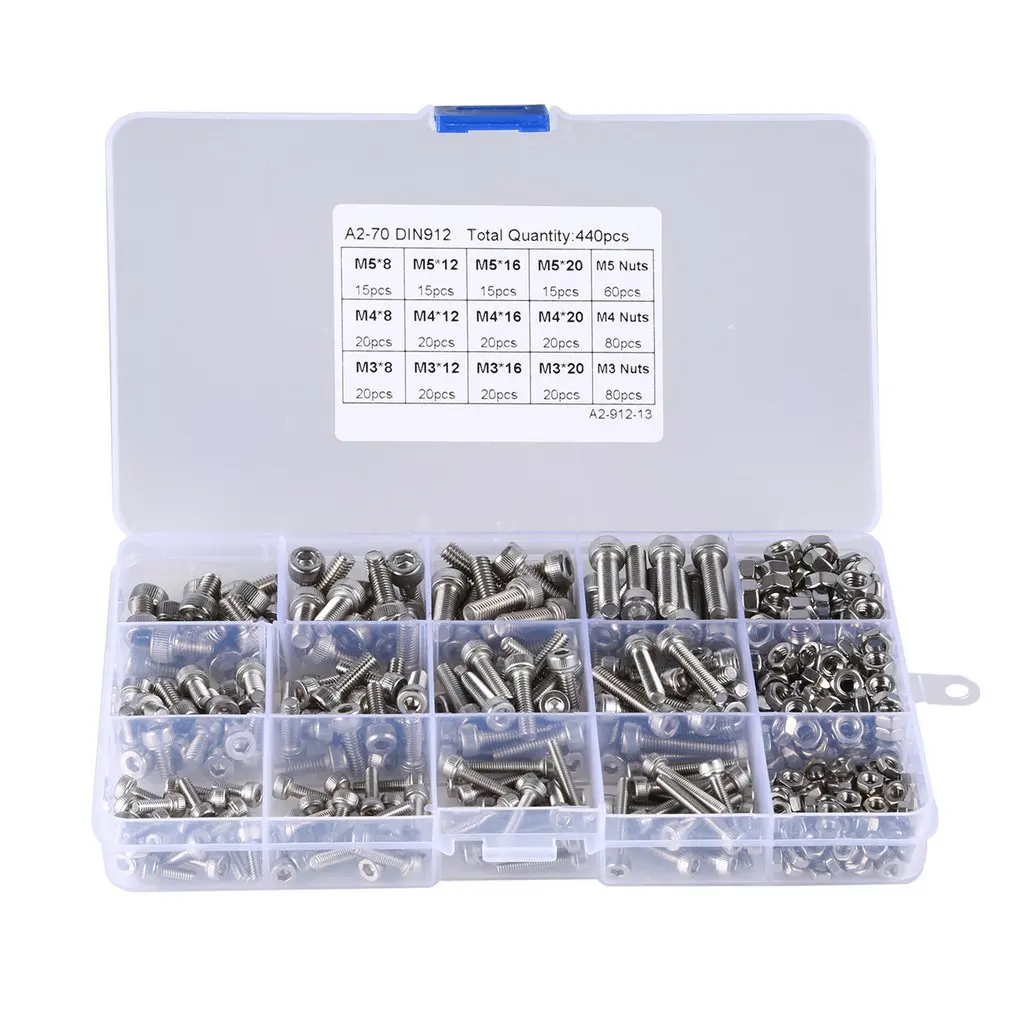 

440PCS M3 M4 M5 Hexagon Hex Socket Head Cap Screws set Stainless Steel Hex Socket Head Cap Screws with M3 M4 M5 Nuts