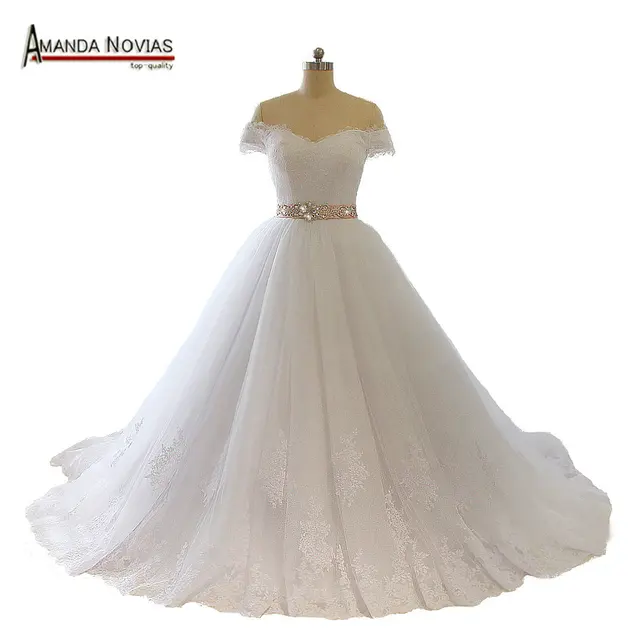 vestido para casamento hombro manga corta de encaje con aplicaciones