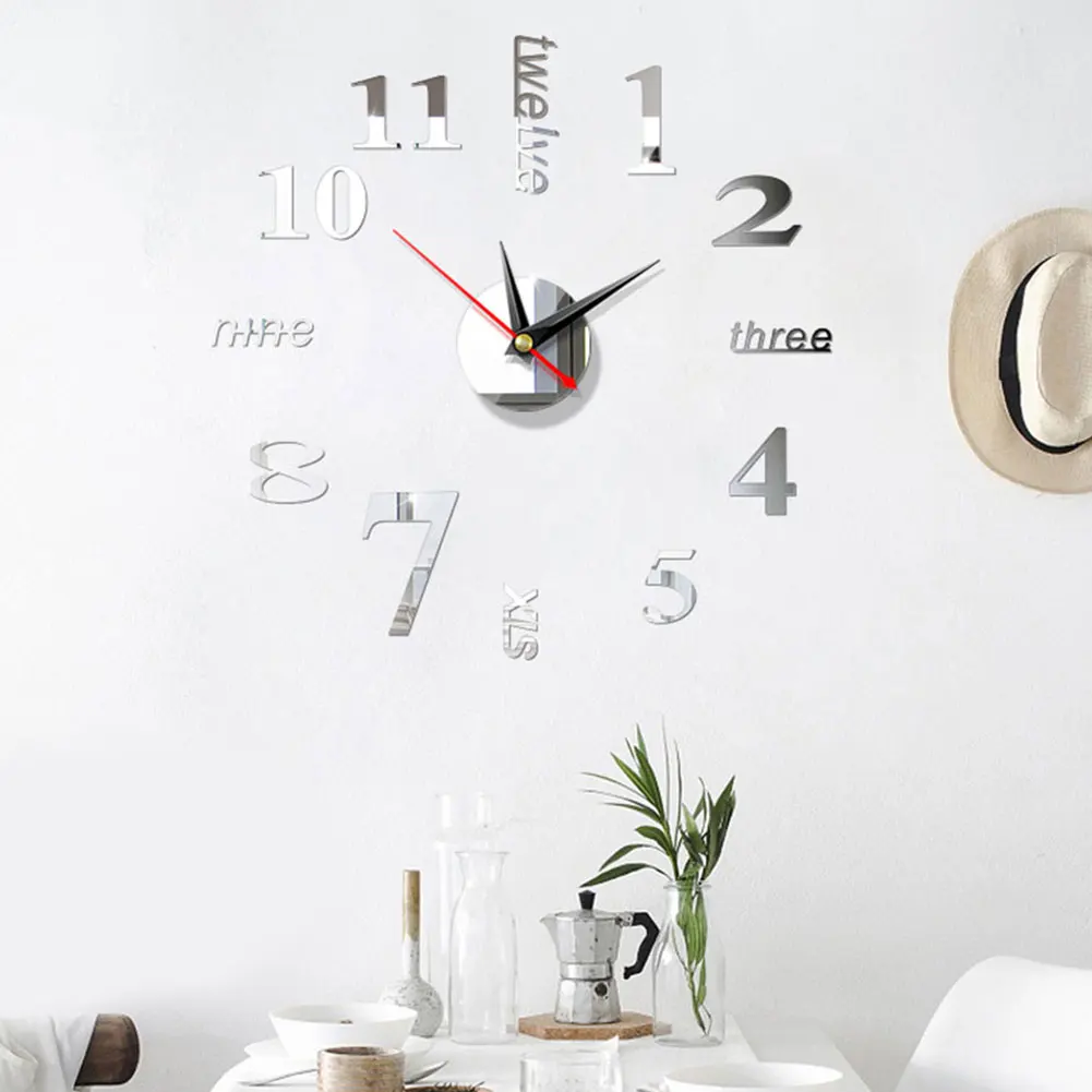 

Digital Display Simple Wall Clock European Style Acrylic Mirror 3D Stickers Modern Bedroom Home Use Large Art Watch DIY