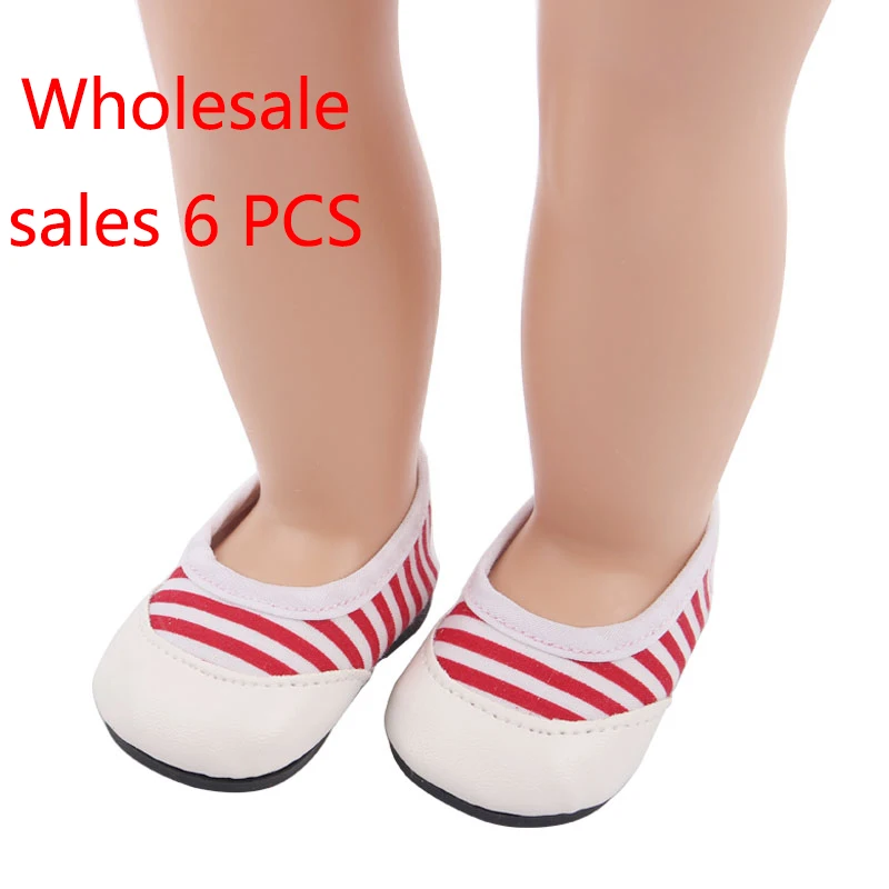 Wholesale Dolls shoes red stripe white flat Casual shoes fit 18 inch