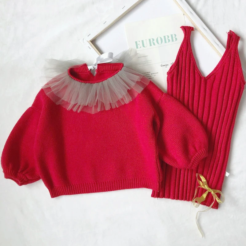 Весенне-осенний Детский свитер+ вязаное платье комплект из 2 предметов для девочек, детский вязаный костюм модная детская одежда сетчатая Горловина для детей от 2 до 7 лет
