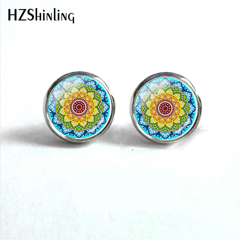 

Beauty Bright Colorful Mandala Glass Silver Bronze Earring Glass Round Dome Stud Earring Handmade Jewelry Gift For Her