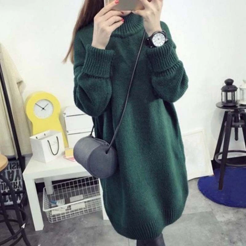 

Women Warm Autumn Winter Turtleneck Loose Long Knit Pullover Sweater Dresses