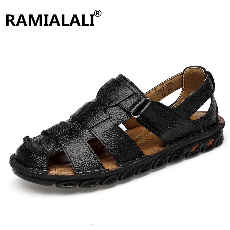 mens black leather sandals closed toe