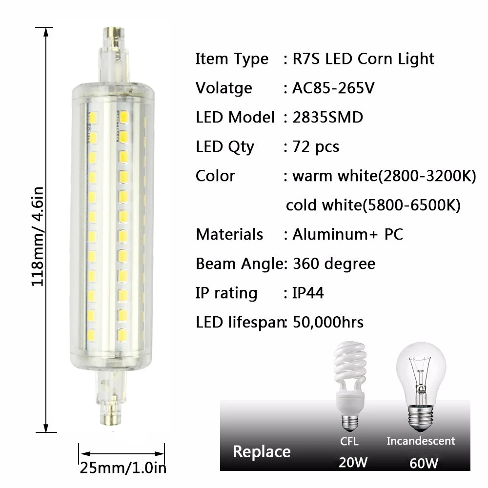 Светодиодный светильник, лампочка R7S светодиодный, кукуруза 2835 SMD 78 мм, 118 мм, светильник, заменяет галогенную лампу, переменный ток 85-265 в, 9 Вт, 15 Вт, энергосберегающий прожектор, светильник
