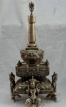 

16" Tibet Tibetan Silver Heavenly King Prayer Shrine Chaitya Buddha Stupa Pagoda Decoration 100% real Brass Bronze AE1024