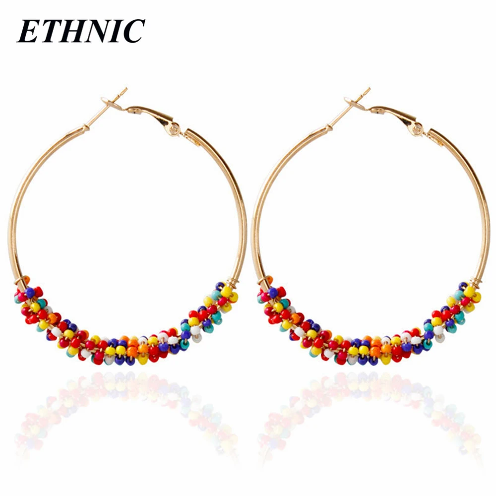 

2018 4 Colors Boho Gold Color Colorful Beaded Big Round Hoop Earrings for Women Bohemian Earring Fashion Jewelry
