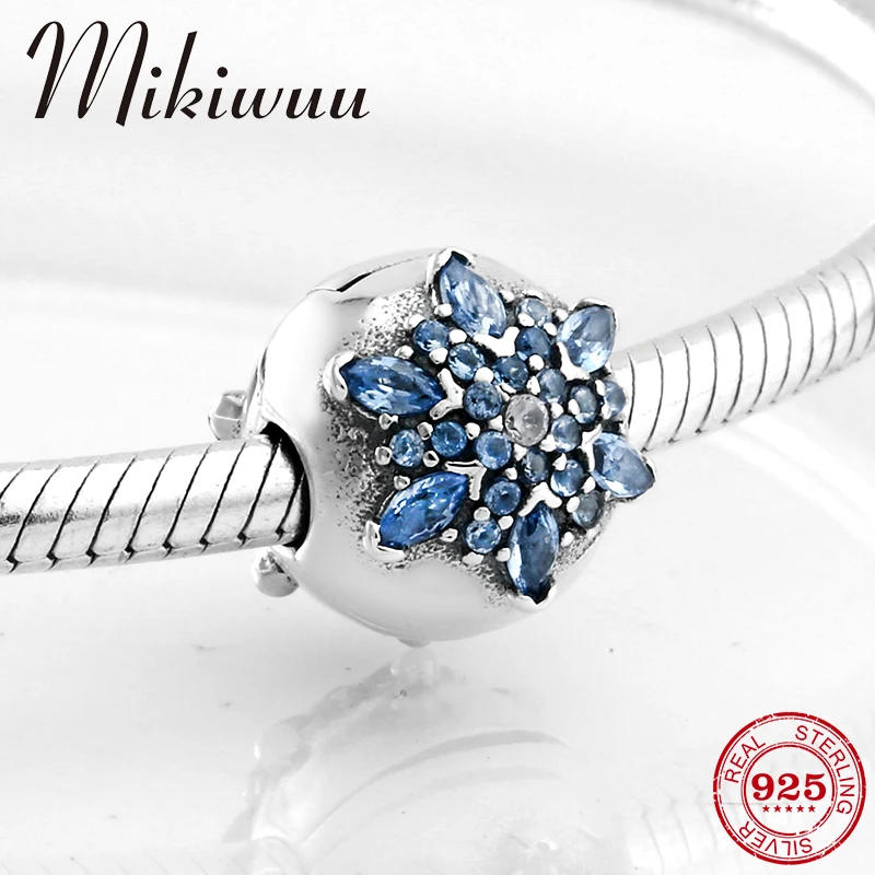 

Blue Crystal Zircon snowflakes 925 Sterling Silver clips Lock beads Fit Original Pandora Charm Bracelet Jewelry Making