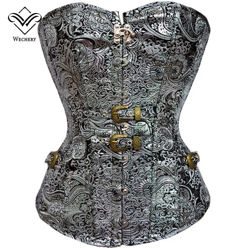 

Wechery Vintage Corset Sexy Silvery Bustier Steampunk Gothic Clothing Corsets Printed Lace Up Corselet Button Waist Trainer Tops