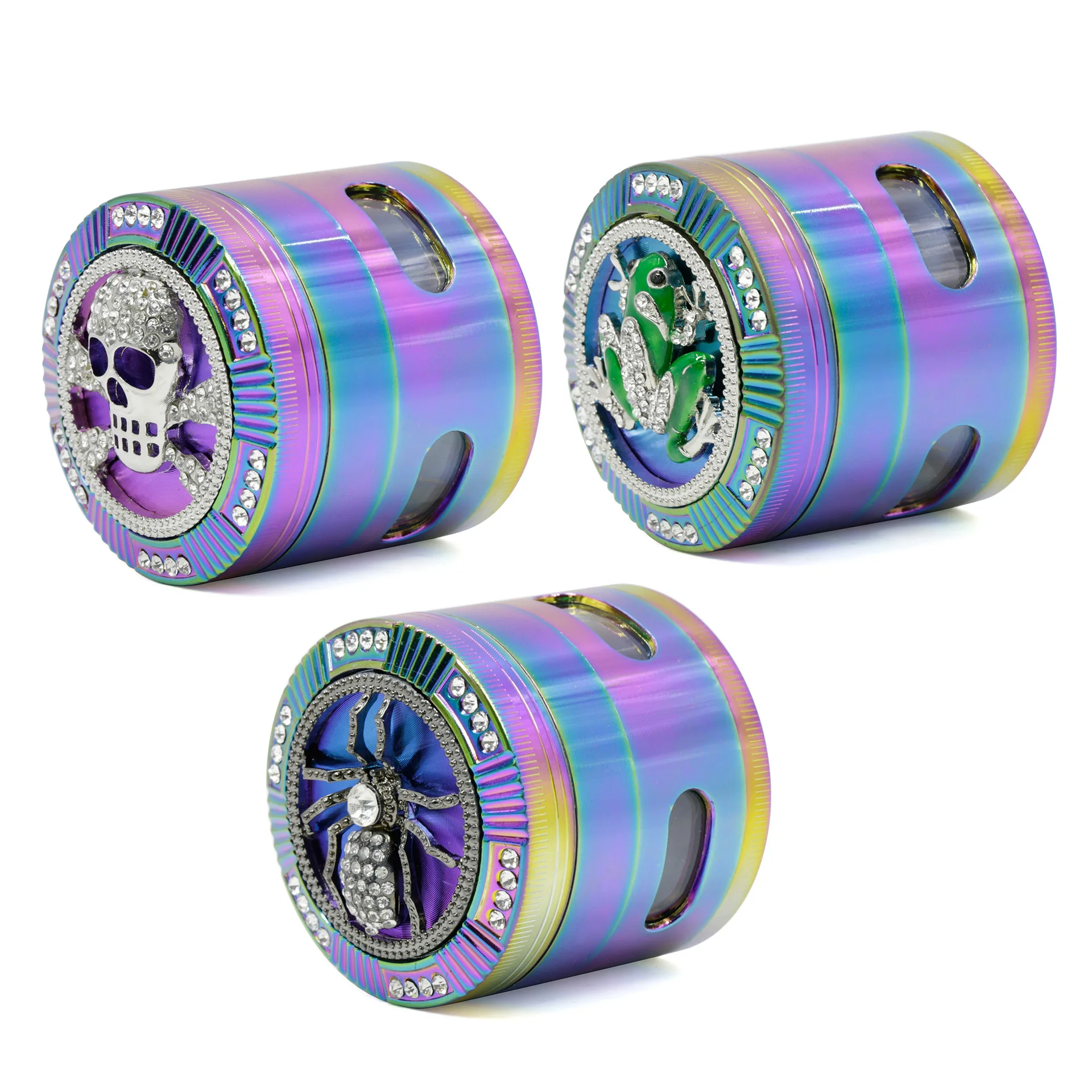

63MM Colorful Zinc Alloy 4-layer New Style Diamond Windows on Side Herb Grinder Iceblue Rainbow Color Animal Tobacco Crusher