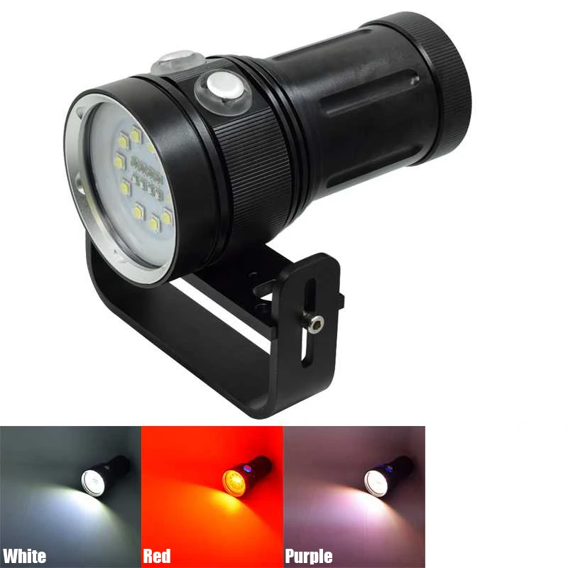 Koop 18 Led Duiken Zaklampen 10 * L2 + 4 * Rood + 4 * UV Paars Licht LED 18650 torch Onderwater Fotografie Video Vulling Licht Dive