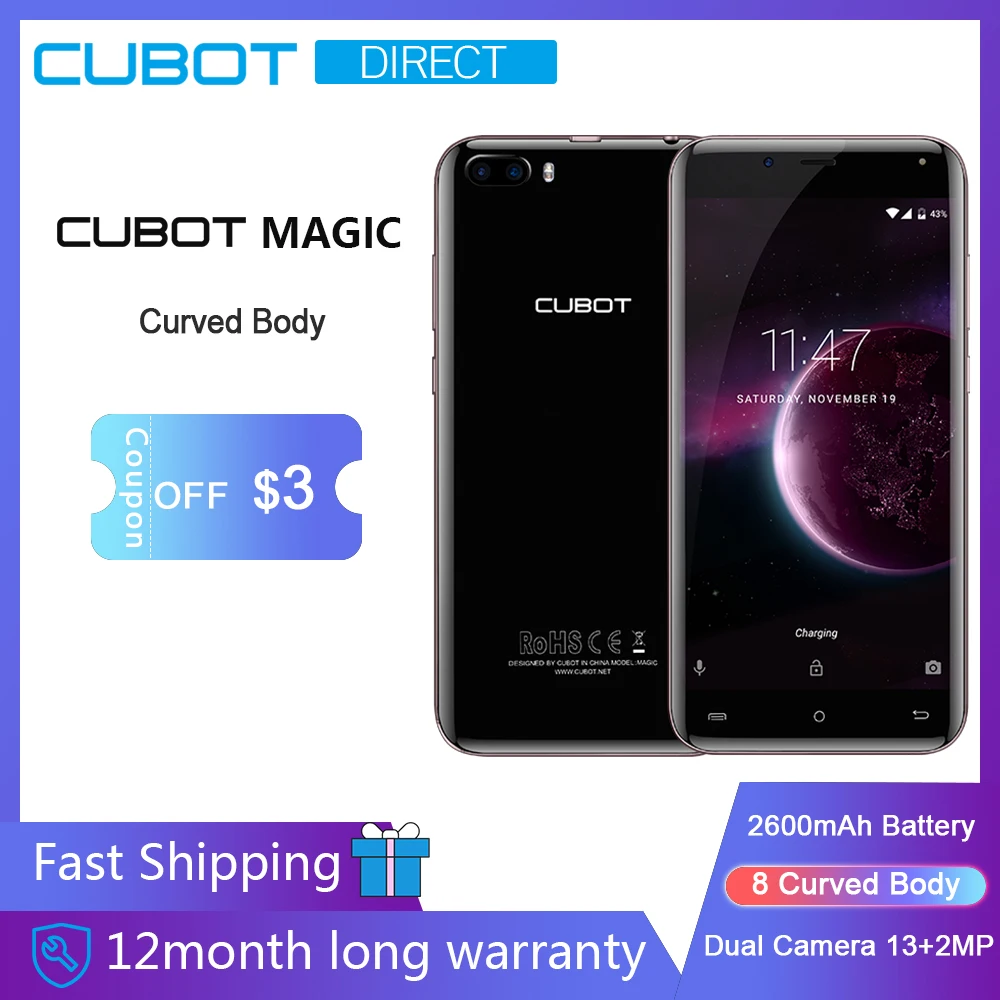 Cubot Magic телефон 5 0 &quotизогнутые Дисплей оригинальной ОС Android 7 MT6737 4 ядра 3 ГБ + 16 Гб