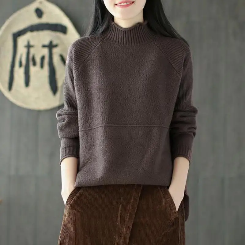 

Johnature 2019 New Autumn/Winter Pullovers Casual Solid Color Full Sleeve Turtleneck Knitting Loose Comfortable Women Sweaters