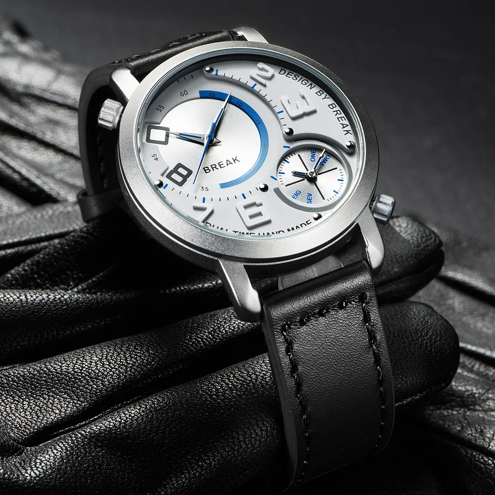 BREAK мужские Топ люксовый бренд черный кожаный ремешок классические два часовых пояса спортивные повседневные деловые Модные Аналоговые кварцевые наручные часы