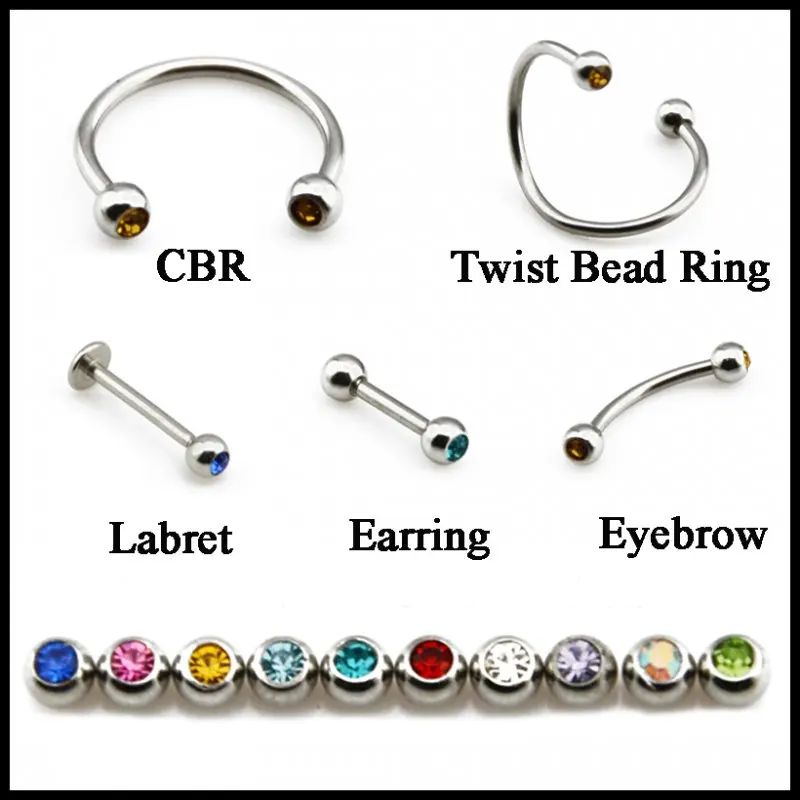 

1PC 316l Surgical Steel Crystal Gem Mixed Color Horseshow Twist Spiral Bead Ring Labret Stud Piercing Eyebrow Earrings Jewelry