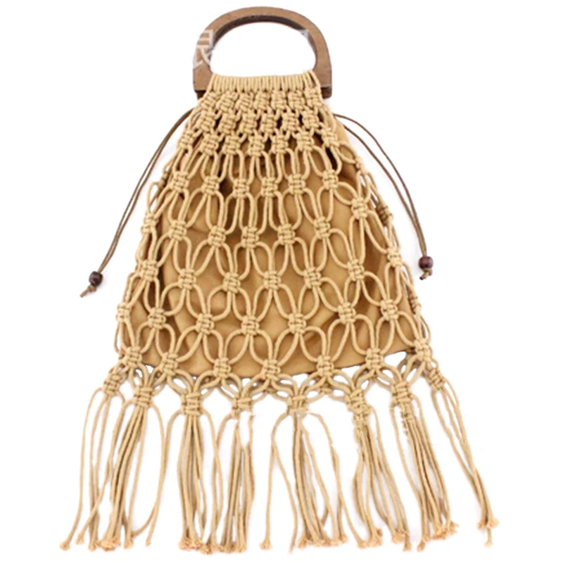 

Handmade Straw Woven Bags Wooden Handle Handbag Hollow Out String Tassel Beach Bag For Women Mesh Totes Fashion Storage Tote B
