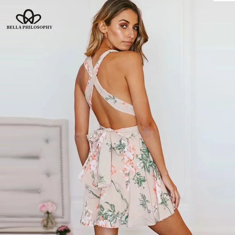 Heydress, новое летнее богемное платье с v-образным вырезом и цветочным принтом, тонкое платье на бретельках с бантом на шнуровке, мини-платье трапециевидной формы, платье с высокой талией