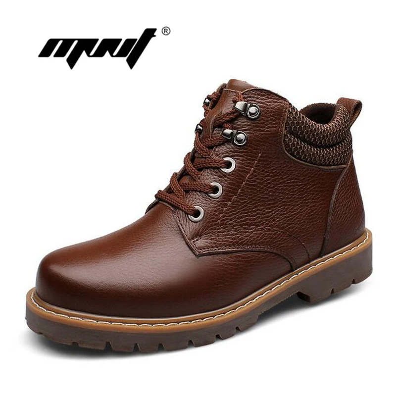 Full grain leather Russian style men boots Handmade warm fur men winter