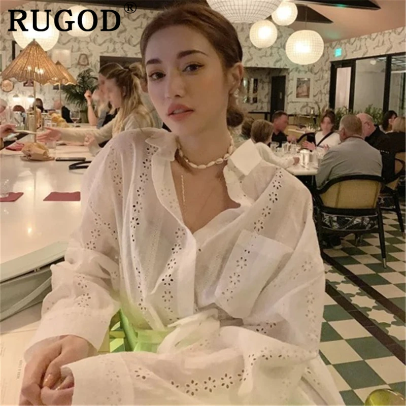 Женская Длинная блузка RUGOD белая Свободная с длинным рукавом и поясом в Корейском