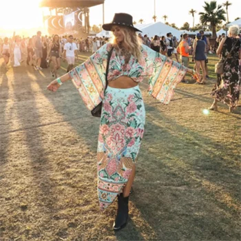 

Adjustable Wrap Waist Tops Kimono Set Women Floral Print Maxi Split Skirt Summer Blouse Boho Chic Vestidos