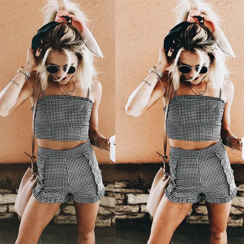 

2018 Newly Summer Fashion Sweet 2PCS Sets Women Sets Sleeveless Belt Plaid Vest Tops High Waist Shorts Size S/M/L/XL