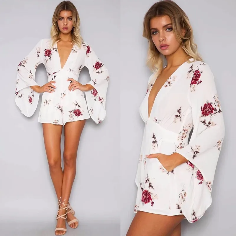 yinlinhe White V neck Sexy Summer Playsuit long Flare Sleeve Floral Women Playsuit Slim Waist Elegant bohemian Rompers  15