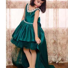 Длинный поезд Привет Ло драгоценность v-образным вырезом цветок девушки платья изумрудно зеленые кристаллы, стразы выпускное платье для праздника с головной убор