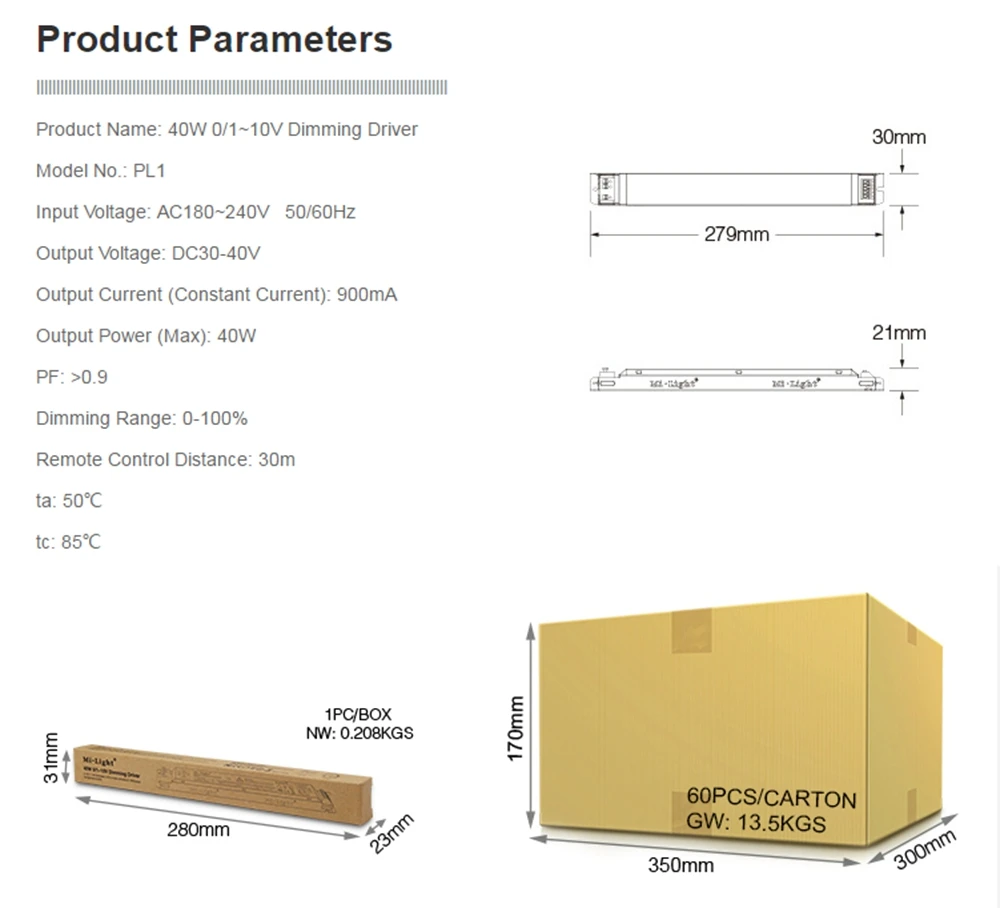 Milight PL1 40 Вт 0/1~ 10 В Диммируемый драйвер светодиодов 900MA мощность Supplly; FUT087 2,4 г беспроводной светодиодный сенсорный затемнения пульт дистанционного управления