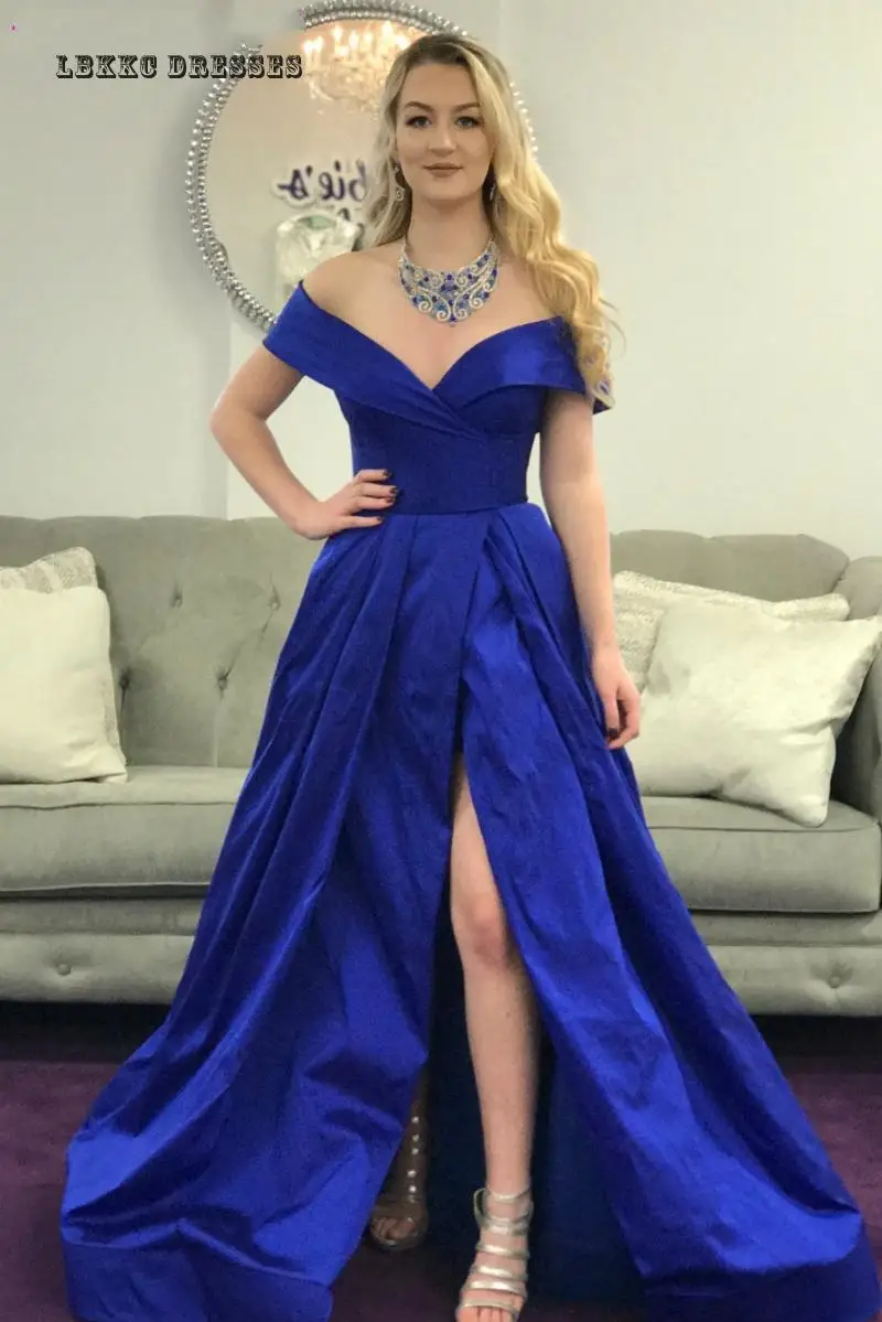 

Robe De Soiree Royal Blue Satin Evening Dresses Long Off Shoulder Sexy Low Back Bow Simple Elegant Prom Formal Dresses 2019