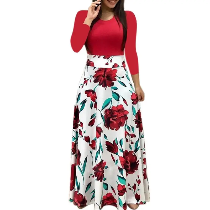 Новое Женское богемное Платье макси с длинным рукавом, большие размеры, цветной блок, в горошек, Цветочный, из кусков, бодикон, завышенная талия, винтажное S-2XL - Цвет: as picture shown