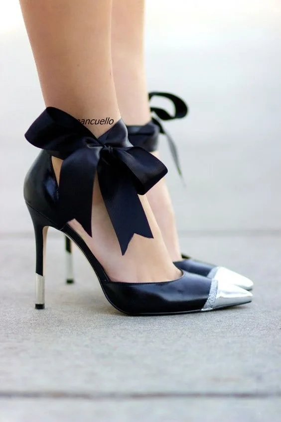 

Fancy Black Patchwork Bowknot Decorated Dress Shoes Silk Butterfly-knot Ankle Lace Up Heels Sexy Pointy Stiletto Heel Pumps