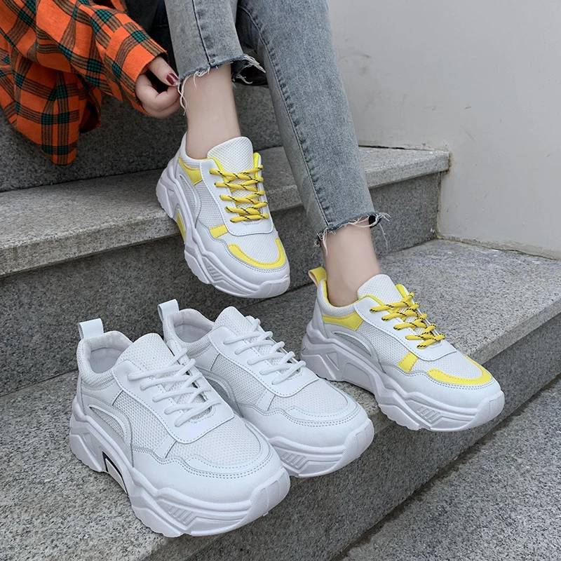 Women Vulcanized Shoes New White yellow Fashion Wedges Sneakers Shoes Women Ladies Trainers Cross Tie Tenis Feminino k217