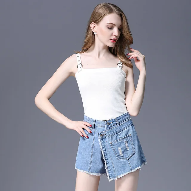 Women's summer button, white, washed high-waist denim skirt, broken edge, edging, A-line cotton culottes Women's summer button, white, washed high-waist denim skirt, broken edge, edging, A-line cotton culottes