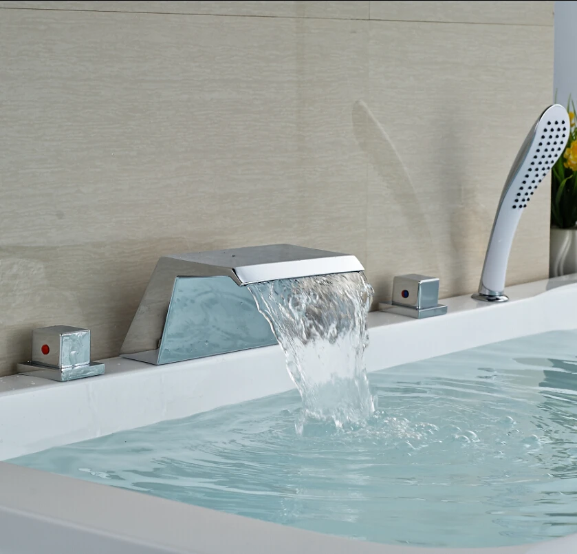 

Deck Mount Waterfall Bathtub Faucet Set Three Handles Tub Mixer Taps Polished Chrome with ABS Handshower