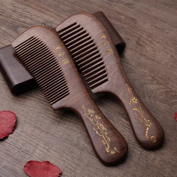 

1Pc Solid Wood Carving Ancient Foil Gold Combs Natural Sandalwood Wood Combs Anti-Static Beard Comb Handicraft Hair Styling