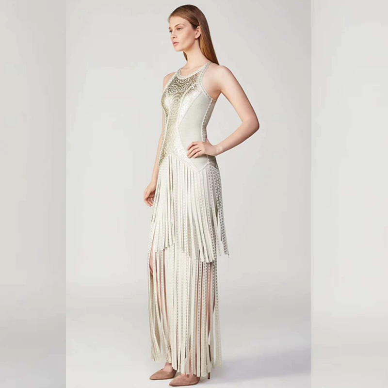 Sexy Vestito Maxi Di Aderente Da Maniche Lungo Elegante Senza Abiti Dalla Famoso Fasciatura Solid Donne Festa Nappa 2018 Sera Un Argento Personaggio Delle Estate DH9IWE2