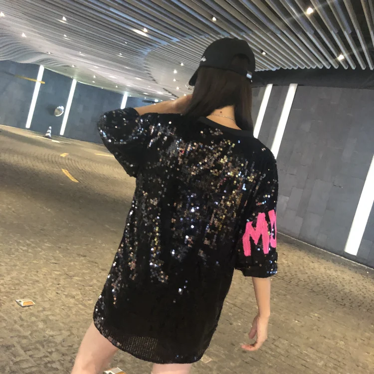 fashion Letter Sequins T Shirt Women Pink Panther Dress Summer Print T Shirt Women Half Sleeve Mini Dresses Oversize Tops