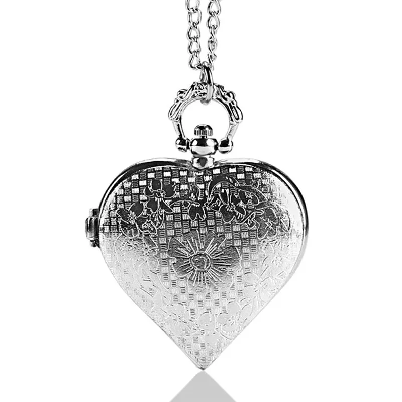 Fashion Silver Heart Shape Fob Quartz Pendant Pocket Watch With Necklace Chain Free Shipping 