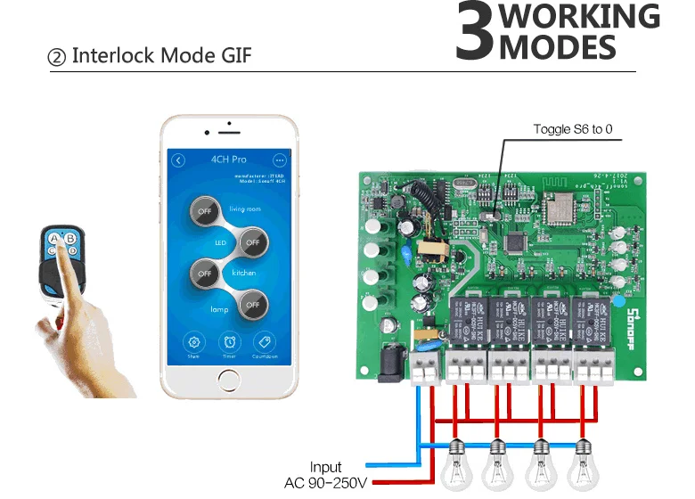 Sonoff 4CH Pro R2-4 банда WiFi RF Smart ON/OFF Пульт дистанционного управления таймером инчинг/самоблокирующийся/Блокировка на din-рейке