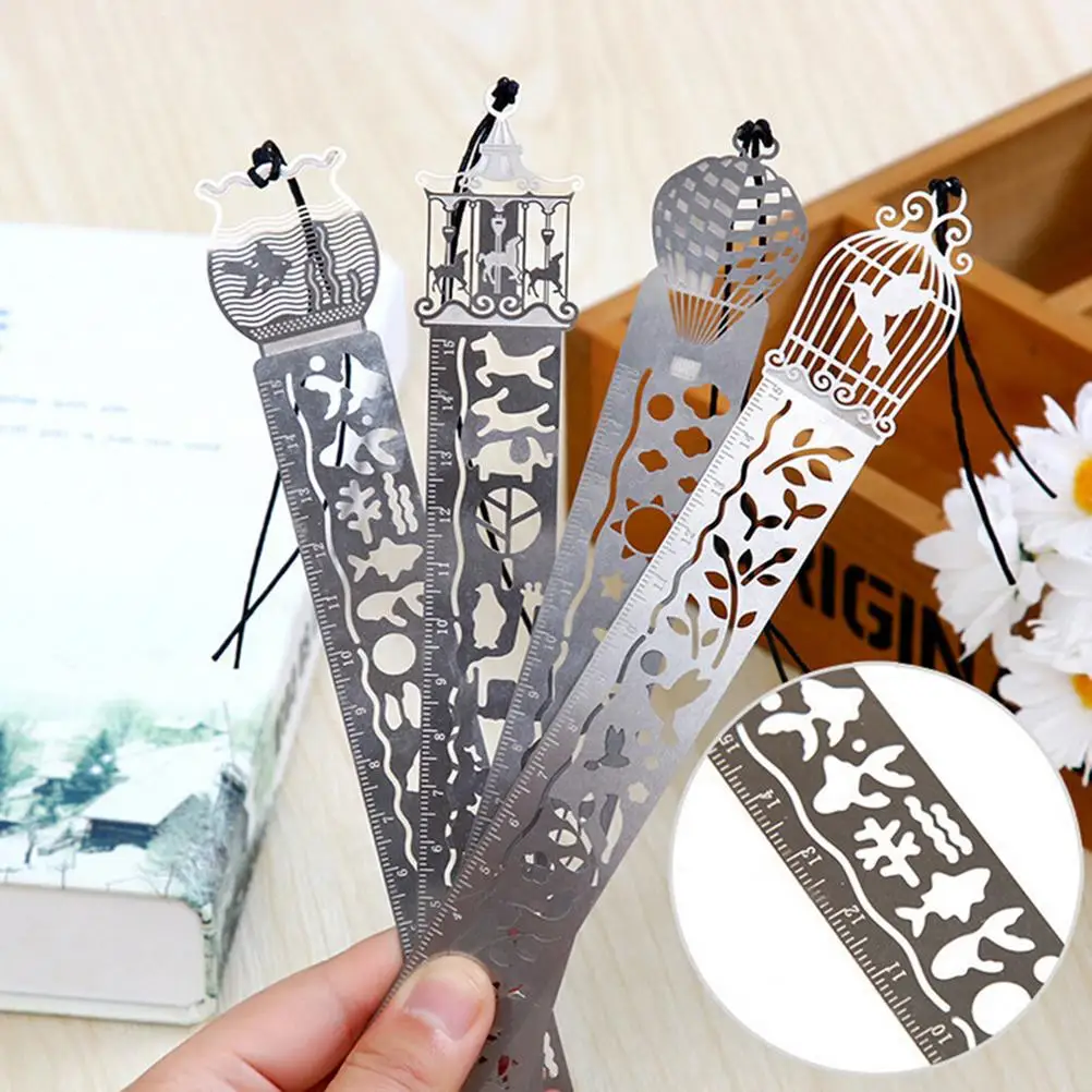 1 X Cartoon bird fish metal bookmark with ruler material escolar papelaria bookmarks for books