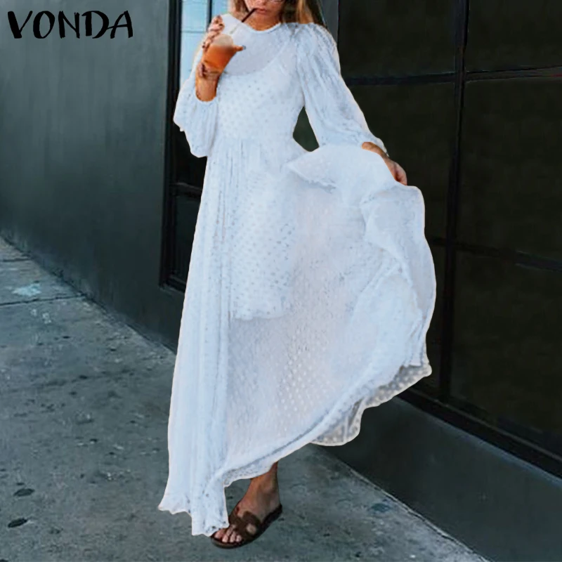 

VONDA Plus Size Bohemian Women Lantern Sleeve Dot Print Party Maxi Long Dresses With lining Dress Beach Vestidos Summer Sundress