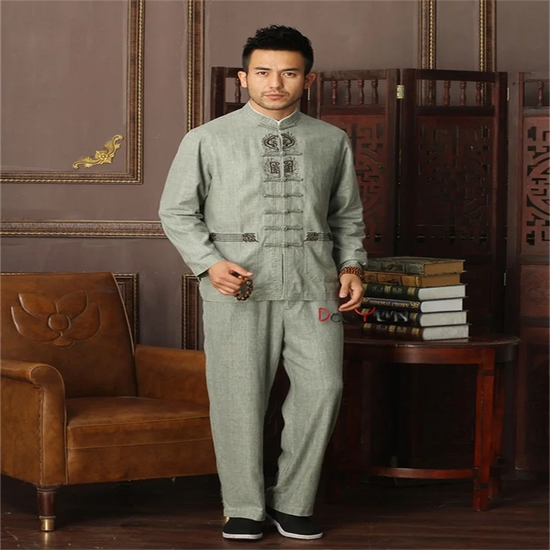 

Top Sale Light Green Chinese Men Kung fu Uniform Cotton Linen Tai Chi Suit Vintage Button Clothing M L XL XXL XXXL