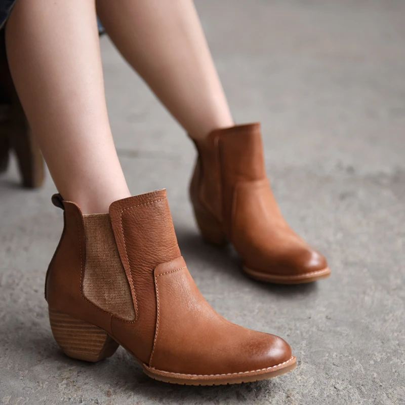 Artmu/Artdiya/оригинальные женские ботинки на среднем каблуке в стиле ретро ботильоны «Челси» г. Новые ботинки ручной работы из натуральной кожи черный цвет, 8100-2 - Цвет: Caramel