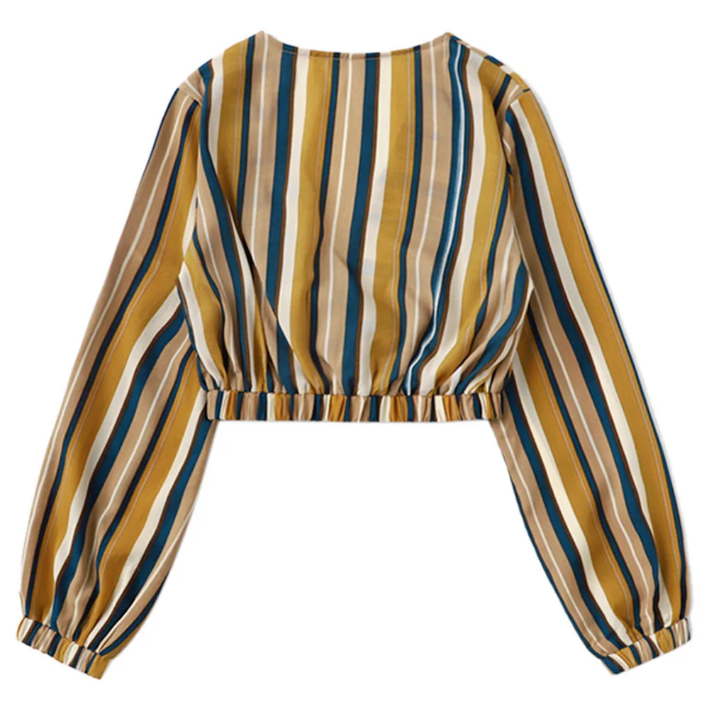 Moda Crop Top mujer 2018 blusas mujeres Sexy rayado gasa blusas De manga larga blusa cuello en V corto diario camisa Ropa De Muje